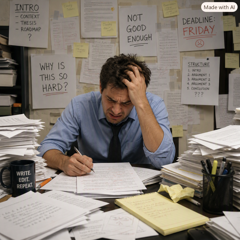 worker at a messy desk frustrated